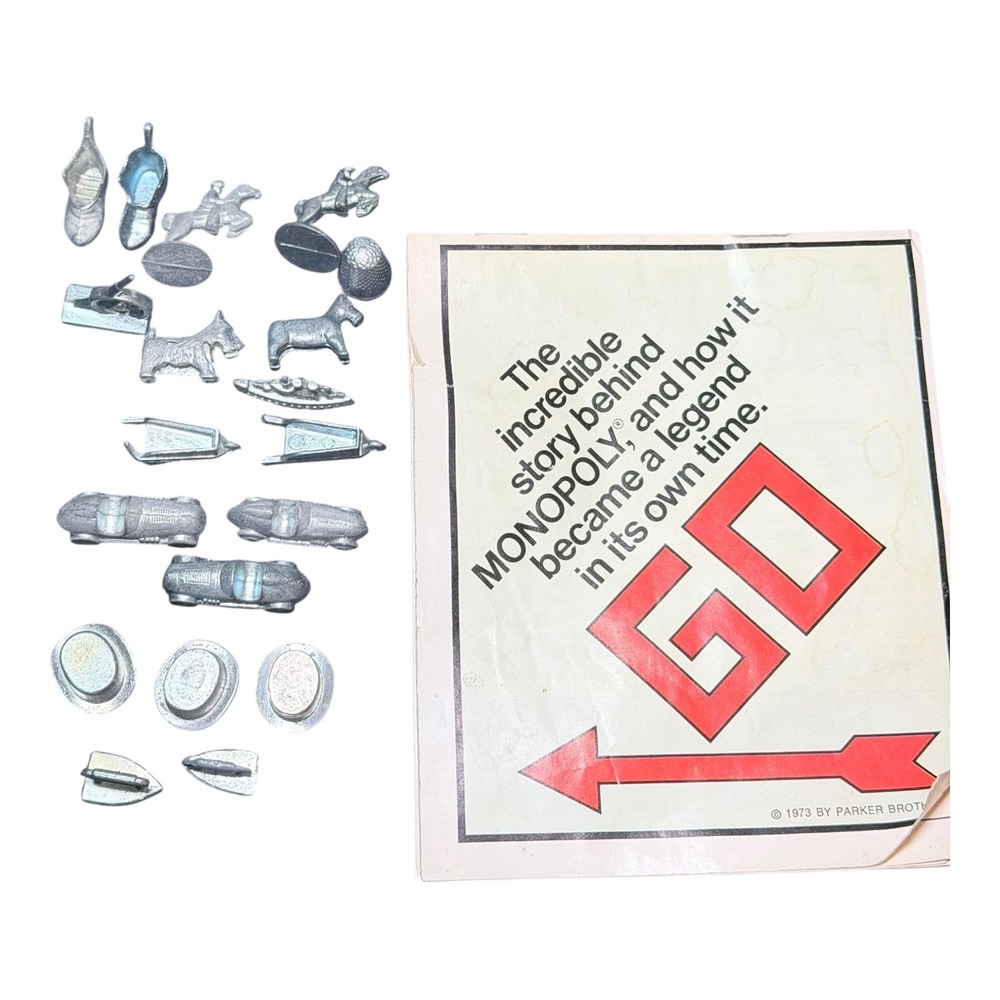 VTG Parker Brothers Monopoly Metal Game Pieces Tokens Lot with 1973 Booklet